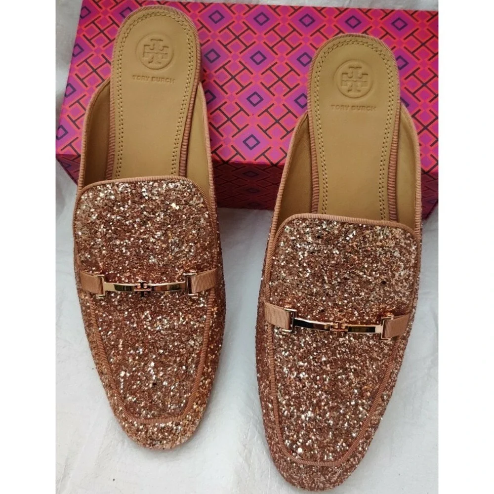 NEW Tory Burch Amelia‎ Backless Loafer Glitter Rose Gold Size 11 M